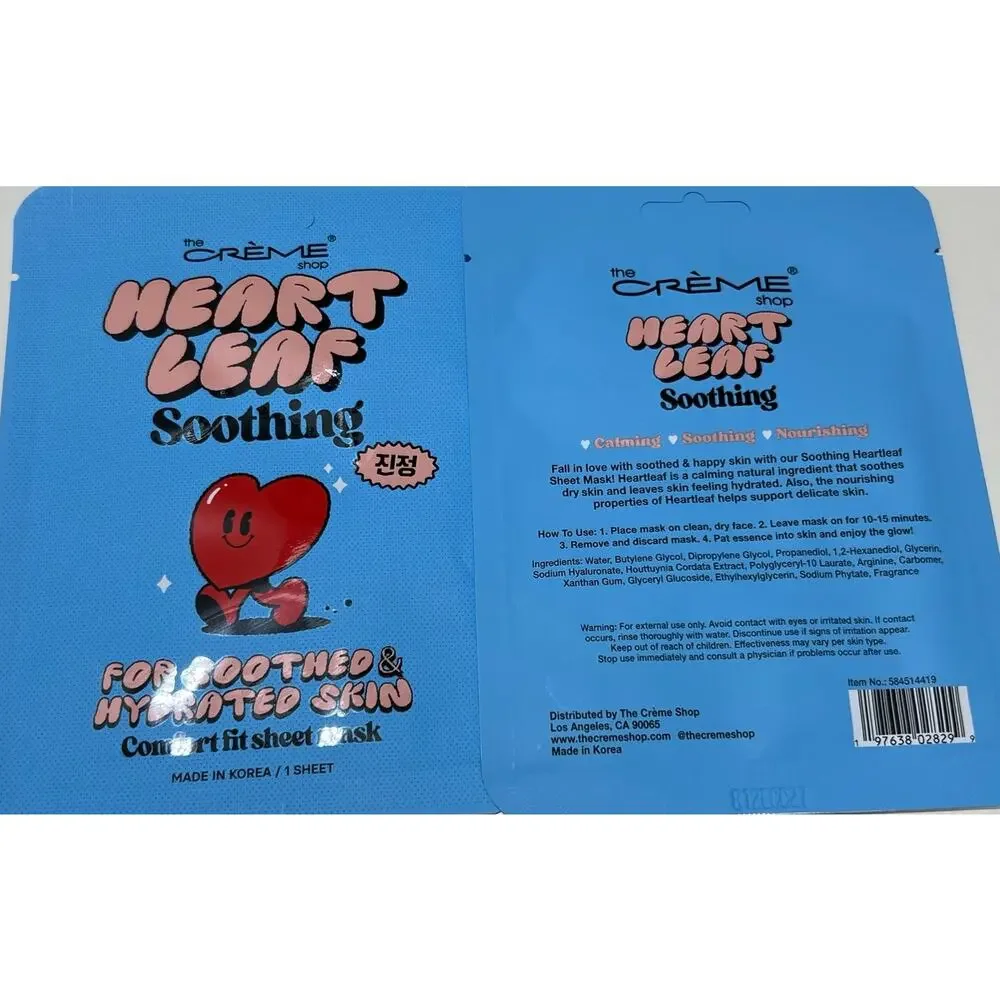 The Crème Shop Heartleaf Face Masks Set of 2 Soothing K-Beauty Skincare
